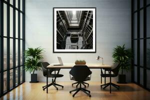 ai generiert Weiß Foto gerahmt auf Metall Mauer im leeren Büro