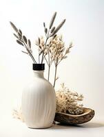 ai generiert ein Flasche mit etwas getrocknet Pflanzen auf ein Weiß Hintergrund foto