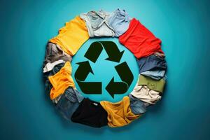 ai generiert Kreis gemacht von Kleider auf Blau Hintergrund. Recycling Konzept, ein bunt Kreis von Kleider mit ein Logo symbolisieren Recycling, Null Abfall, und Wiederverwendung Konzept, ai generiert foto