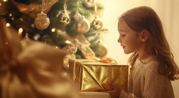 ai generiert ein Kind Öffnung ein Gold gegenwärtig, durch das Weihnachten Baum foto