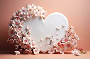 ai generiert ein groß Herz geformt Weiß Teller ist in der Nähe von Blumen foto