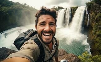 ai generiert glücklich männlich Tourist nehmen Selfie Stehen beim das Wasserfall im Natur foto