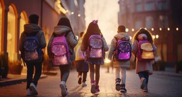 ai generiert fünf Kinder mit Schule Rucksäcke Gehen Nieder ein Straße mit viele Taschen foto