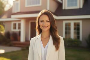 ai generiert weiblich echt Nachlass Agent im Vorderseite von Haus zum Makler echt Nachlass Agent foto