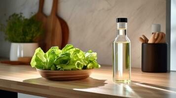 ai generiert Öl Flasche auf das Zähler Nächster zu Grüner Salat foto