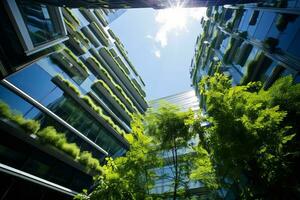 ai generiert umweltfreundlich Gebäude im das modern Stadt. nachhaltig Glas Büro Gebäude mit Baum zum reduzieren Kohlenstoff Dioxid. Büro Gebäude mit Grün Umfeld. korporativ Gebäude reduzieren co2. foto