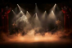 ai generiert Theater Bühne Licht Hintergrund mit Scheinwerfer beleuchtet das Bühne zum Oper Leistung. leeren Bühne mit warm Ambiente Farben, Nebel, Rauch, Hintergrund Dekoration. Unterhaltung zeigen. foto