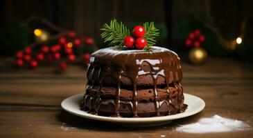 ai generiert Schokolade Weihnachten Pudding auf ein hölzern Oberfläche foto