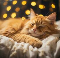 ai generiert süß Orange Katze Schlafen Innerhalb ein Bett mit seine Augen geschlossen foto