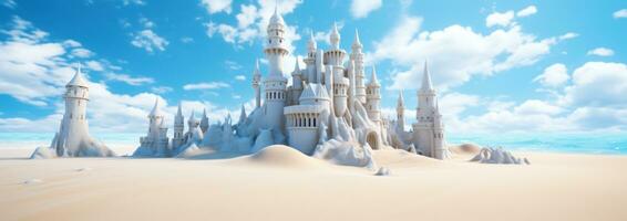 ai generiert ein Sand Schloss auf ein Strand mit Blau Himmel foto
