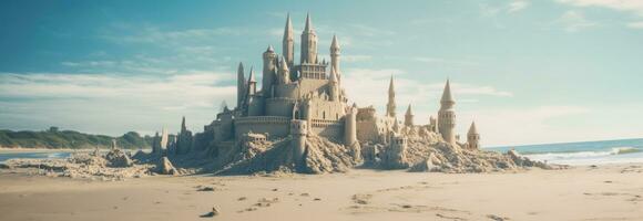 ai generiert das Schloss saß auf ein Sand im das Mitte von das Strand foto