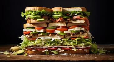 ai generiert ein Stapel von Sandwiches ist auf oben von ein Tafel foto