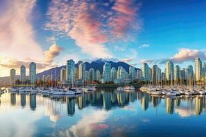ai generiert falsch Bach Yachthafen, Vancouver, Amerika, schön Aussicht von das Innenstadt Vancouver Horizont, britisch Columbia, Kanada, ai generiert foto