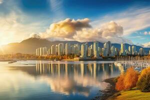 ai generiert schön Stadtbild von Vancouver beim Sonnenuntergang, britisch Columbia, Kanada, schön Aussicht von Innenstadt Vancouver Horizont, britisch Columbia, Kanada, ai generiert foto