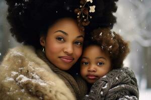 ai generiert afrikanisch amerikanisch Mutter mit ihr wenig Tochter im ein Turban auf ihr Kopf, ein afrikanisch amerikanisch Mutter und Tochter, ai generiert foto