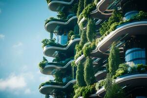 ai generiert nachhaltig Grün Gebäude im modern Stadt. Grün die Architektur. umweltfreundlich Gebäude. nachhaltig Gebäude mit Vertikale Garten reduzieren co2. futuristisch Gebäude. Netz Null Emissionen. foto