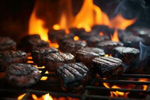 ai generiert gegrillt Rindfleisch Steaks auf Grill Grill mit Flammen, Nahaufnahme, Grill Grill Grube mit glühend und flammend heiß Holzkohle Briketts, Nahaufnahme, ai generiert foto