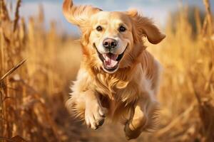 ai generiert golden Retriever Hund Laufen im das Feld auf ein sonnig Tag, ein golden Retriever Hund läuft energisch im ein Feld mit ein verschwommen Hintergrund, ai generiert foto