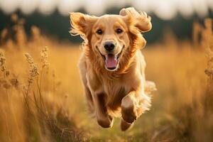 ai generiert golden Retriever Laufen im das Feld auf ein sonnig Tag, ein golden Retriever Hund läuft energisch im ein Feld mit ein verschwommen Hintergrund, ai generiert foto