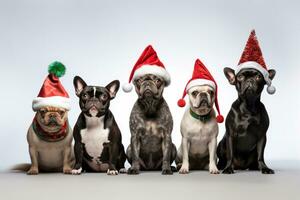 ai generiert Gruppe von Chihuahua Hunde im Weihnachten Hüte auf Weiß Hintergrund, ein Gruppe von Hunde, geschmückt mit Weihnachten Hüte, steht gegen ein isoliert Weiß Hintergrund, ai generiert foto