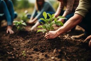 ai generiert Nahansicht von ein Gruppe von Kinder Pflanzen Bäume im das Garten, ein Gruppe von Menschen Pflanzen Sämlinge im das Boden im ein Nahansicht Schuss, ai generiert foto