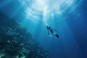 ai generiert Frau Freitaucher gleitet Über das Koralle Riff mit Sonnenstrahlen, ein weiblich Apnoe Athlet schwimmt im das Kristall Meer tragen ein Bikini, ai generiert foto