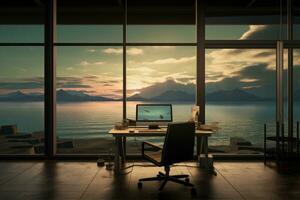 ai generiert modern Büro Innere mit Meer Aussicht und Sonnenuntergang. 3d Wiedergabe, ein Computer Zimmer bietet an ein Aussicht von das Meer, Inseln, und das Himmel, ai generiert foto