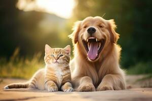 ai generiert golden Retriever Hund und Tabby Katze zusammen im das Garten, ein süß Katze mit Grün Augen Lügen auf ein Bett und Blick nach oben, ai generiert foto