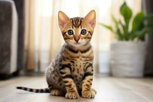 ai generiert süß Bengalen Kitty Katze Sitzung auf das Fußboden und suchen beim Kamera, ein süß wenig Bengalen Kätzchen Sitzung auf das Fußboden beim heim, ai generiert foto