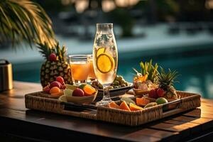ai generiert serviert Tablett im Schwimmen Schwimmbad mit Getränke und Snacks auf tropisch Insel im Malediven, ai generiert foto