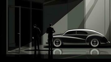 ai generiert Mafia bereithalten Bewachung um klassisch Autos schwarz und Weiß Illustration foto