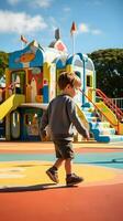 ai generiert wenig Junge spielen auf Spielplatz im sonnig Sommer- Tag. glücklich Kind haben Spaß draußen foto