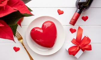 Herz geformt glasiert Valentinstag Kuchen und Blumen auf hölzern Tabelle foto
