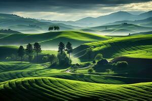 ai generiert heiter Sommer- Landschaft mit rollen Felder. ai generiert foto