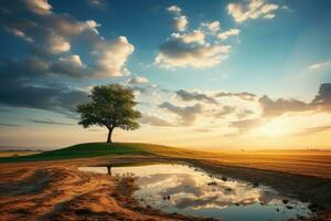 ai generiert heiter Sommer- Landschaft mit Baum und nebelig Felder. ai generiert foto