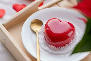 Herz geformt glasiert Valentinstag Kuchen im Bett auf hölzern Tablett foto
