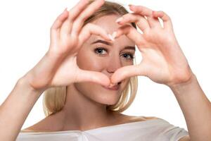 Porträt lächelnd jung Frau Herstellung Herz Zeichen mit Hände foto