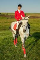 das Reiterin auf ein rot Pferd. Pferd Reiten. Pferd Rennen. Fahrer auf ein Pferd. foto