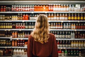 ai generiert blond Frau suchen beim Flaschen von Whiskey im Supermarkt, zurück Sicht, ein Frau Vergleichen Produkte im ein Lebensmittelgeschäft speichern, ai generiert foto