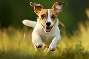 ai generiert reinrassig Hund Laufen draußen im das Natur auf ein sonnig Tag, ein Jack Russell Terrier läuft energisch im das Gras, Bildung ein horizontal Banner, ai generiert foto