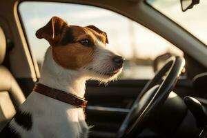 ai generiert Jack Russell Terrier Hund Sitzung im das Auto beim Sonnenuntergang, ein Jack Russell Terrier Hund ist gefangen im ein Auto auf das Straße, ai generiert foto