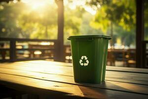 ai generiert sonnendurchflutet Nachhaltigkeit Recycling Behälter auf ein hölzern Tisch, Umarmen Sonnenlicht foto