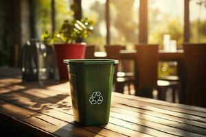 ai generiert Sonne durchnässt Recycling Behälter auf Tisch, berührt durch natürlich Sonnenlicht foto