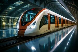 ai generiert effizient Transit glatt Zug Vitrinen modern Design im U-Bahn Bahnhof foto