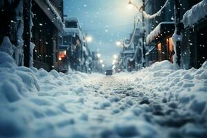 ai generiert Schnee geküsst Straße ruhig und heiter, Sanft Schneeflocken sanft absteigen foto