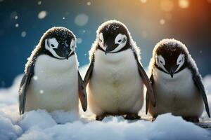 ai generiert Pinguine im Schnee, schwarz und Weiß Gefieder Vitrine Einheit und Wärme foto