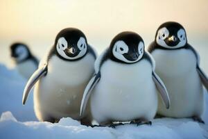 ai generiert Arktis Harmonie Pinguine Stand zusammen, schwarz und Weiß Gefieder glänzend foto