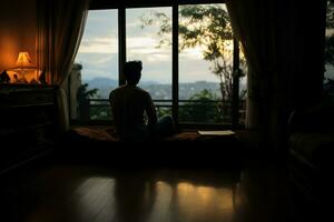 ai generiert einsam Betrachtung ein Mann Silhouette Blicke beim geschlossen Schlafzimmer Fenster foto