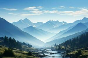 ai generiert Serenade von Berge ein still Morgen gegen ein klar Himmel foto