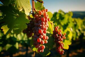 ai generiert Naturen Geschenk Trauben auf Reben, ein malerisch Szene im das Weinberg foto